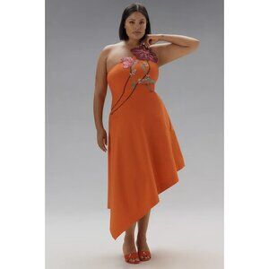 Yukiko Noritake x Anthropologie Asymmetric Floral Midi Dress Orange Floral 26W